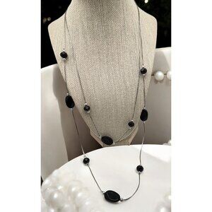Vintage Layered Black Beaded Necklace Silver Tone Chain